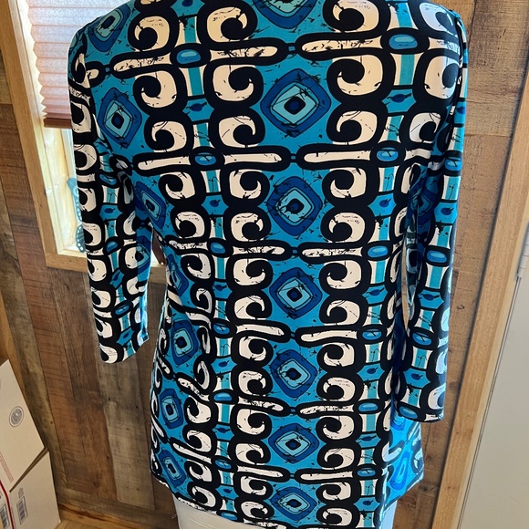 WOMENS LADIES L/XL BLUE WHITE BLACK KIM ROGERS BLOUSE TOP SHIRT - Picture 5 of 5